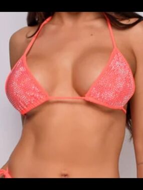 Rhinestone Coral Triangle Bikini Top with Adjustable Ties